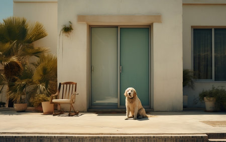 The dog waiting owner in front of the houseの素材
