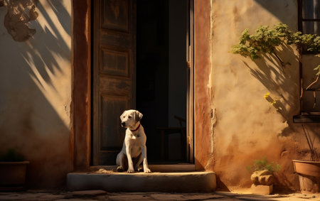 The dog waiting owner in front of the houseの素材