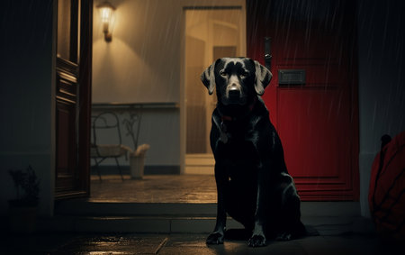 The dog waiting owner in front of the houseの素材