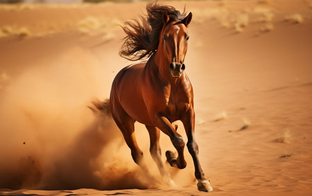 Bay horse run in desertの素材