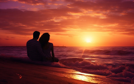 couple watching at sunset on the beachの素材