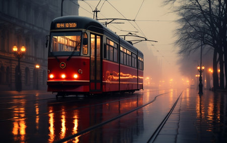 Tram standing on street of a townの素材