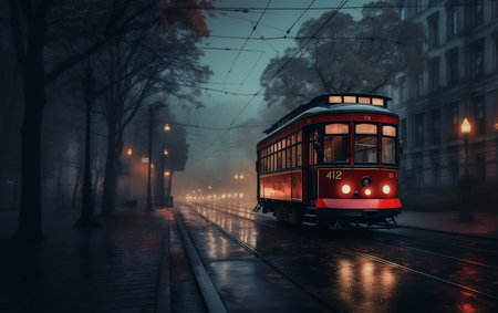 Tram standing on street of a townの素材
