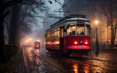 Tram standing on street of a townの素材