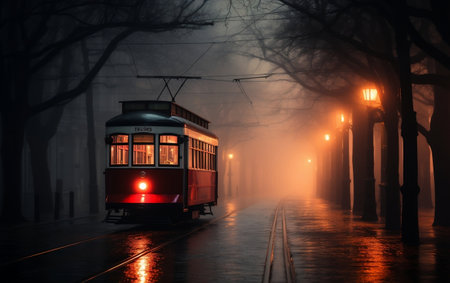 Tram standing on street of a townの素材