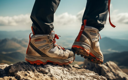 Closeup of Hiking Boots on a Mountain Climberの素材