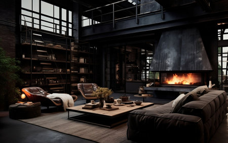 Cozy Industrial Ambiance Dark Loft Living Room with Fireplaceの素材