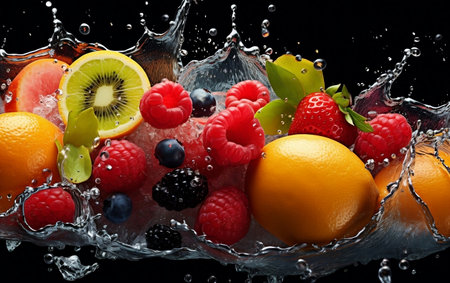 Vibrant Fruit Medley Raspberries Oranges Kiwis Apples Lemon and Strawberriesの素材
