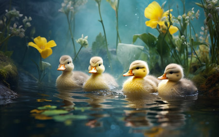 Duck Haven Feathered Friends Among Yellow Blossomsの素材