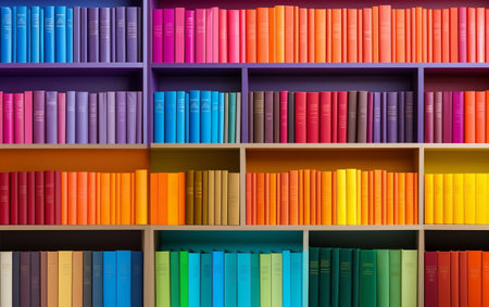 Vivid Literary Mosaic Bookshelf with Multi Colored Booksの素材