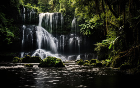 A Mighty Waterfall Embraced by Lush Greensの素材