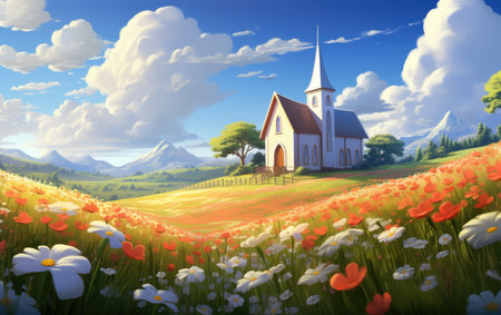 Quaint Country Church Amidst Wildflower Fieldsの素材