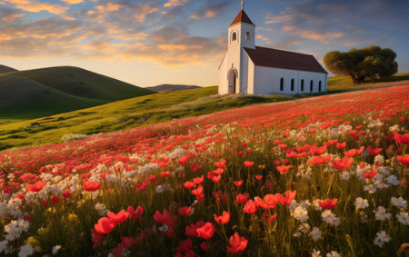 Quaint Country Church Amidst Wildflower Fieldsの素材