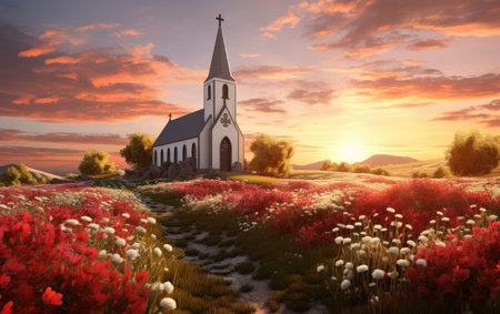 Quaint Country Church Amidst Wildflower Fieldsの素材
