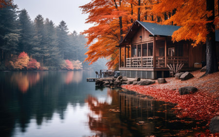 Lakeside Cabin Embraced by Autumn Beautyの素材