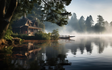 Tranquil Retreat in the Embrace of Morning Mistの素材