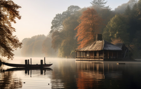 Tranquil Retreat in the Embrace of Morning Mistの素材