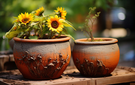 Blooming Sunflowers in Rustic Clay Potsの素材