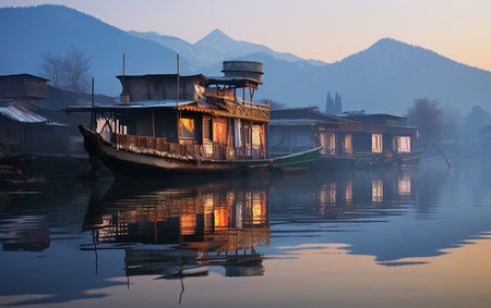 Peaceful Sunrise on the Dal Lake Houseboatの素材