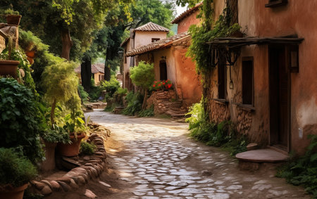 Charm of a Mud Brick Pathway in a Scenic Villageの素材