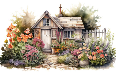 Isolated Cozy Cottage Garden on Whiteの素材