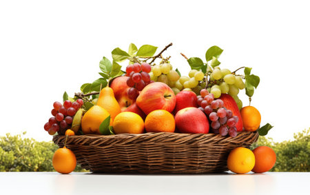 Orchard and Fruit Basket on White Background.の素材