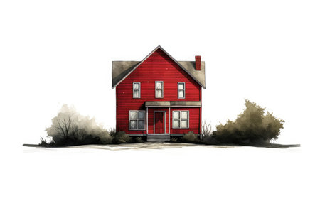 Red Cottage House on White Background.の素材