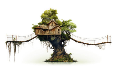 Treehouse with Bridge on White Background.の素材
