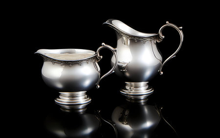 Elegant Silver Creamer and Bowl on Black Background.の素材