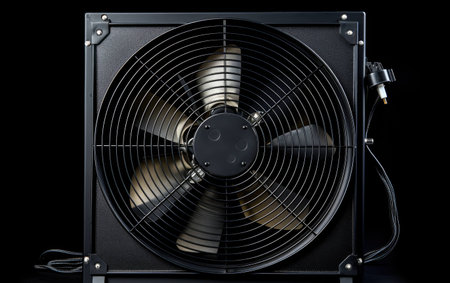 Single Studio Equipment Cooling Fan on Black Background.の素材