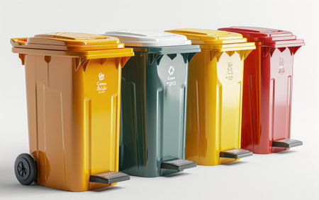 A Row of Colorful Trash Cans Next to a Wallの素材