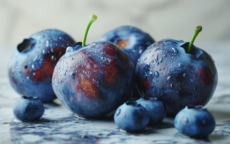 Freshly Picked Pile of Blueberries With a Green Leaf - Delicious and Nutritious Berriesの素材