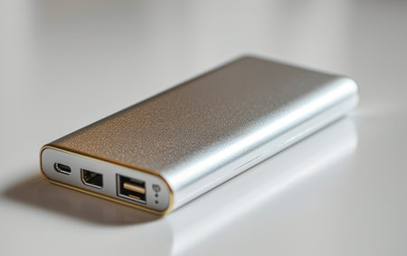 Power Bank on White Table - Compact Portable Charging Solutionの素材