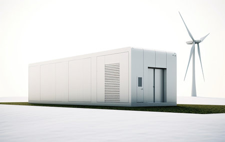 White Building With Wind Turbine, Clean Energy Solutions for Sustainable Futureの素材