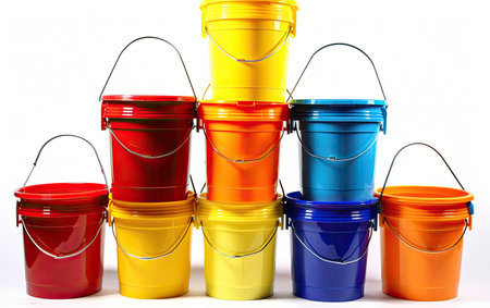 A Group of Colorful Buckets Arranged in a Rowの素材