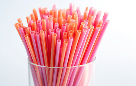 Glass With Pink and Orange Straws, Colorful and Refreshing Drink Concept for Summer Parties and Eventsの素材