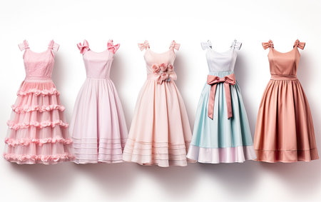 Dresses Hanging on Wall, An Array of Vibrant Garments Displayed in a Neat Rowの素材