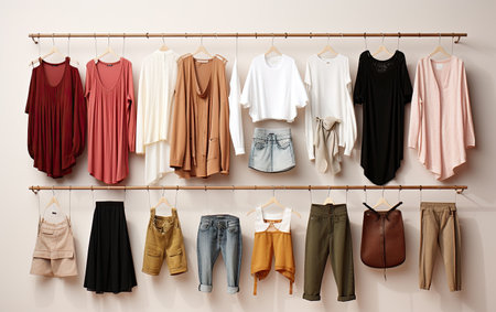 Assorted Clothes Hanging on Wall for Sale, Retail Display of Various Clothing Itemsの素材