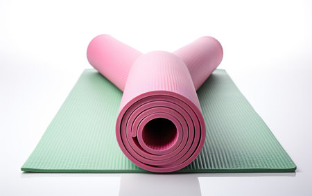 Rolled Up Yoga Mat on White Surface - Fitness, Exercise, Relaxationの素材