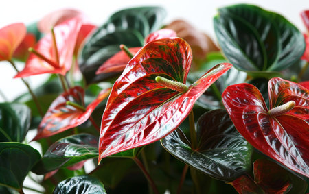 Anthurium Foliage in Isolation with Red and Green Leaves on White Backgroundの素材
