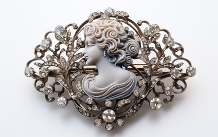 Isolated Antique Filigree Cameo Brooch on White Backgroundの素材