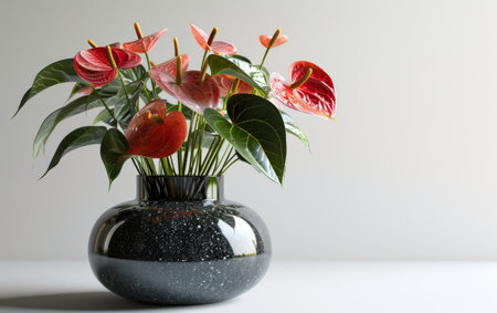 Anthurium Blossoms in Sleek and Contemporary Vase Isolated on White Backgroundの素材