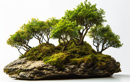 Bonsai Forest Displaying Miniature Trees in a Serene Setting on White Backgroundの素材