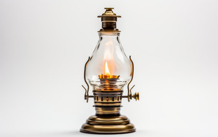 Traditional Brass Oil Lamp with Glass Chimney on White Backgroundの素材