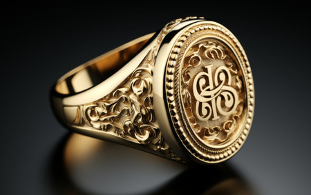 Men's Signet Ring with Monogram Design Isolated on White Backgroundの素材