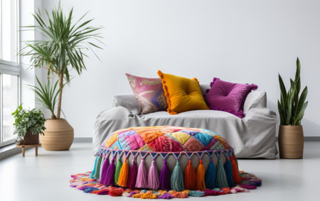 Colorful Bohemian Round Floor Cushion Paired With Alone on White Backgroundの素材