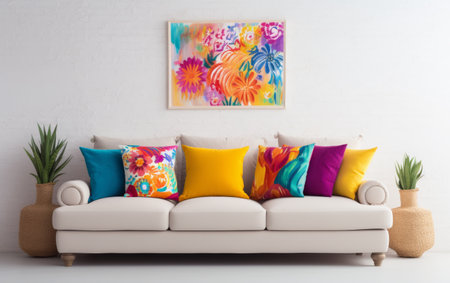 Colorful Throw Pillows on White Sofa Backgroundの素材