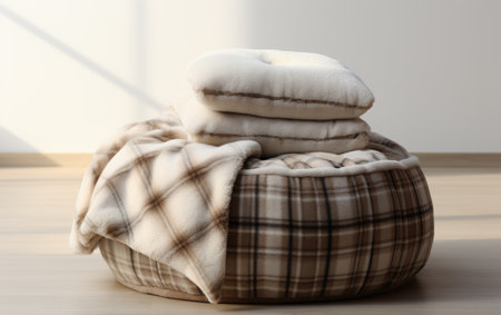 Plaid Flannel Round Floor Cushion and Matching Cozy Alone on White Backgroundの素材