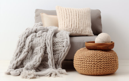 Oversized Floor Cushion and Chunky Knit Presented on White Backgroundの素材