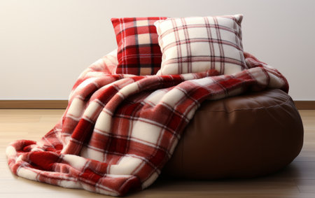 Plaid Flannel Round Floor Cushion and Matching Cozy Presented on White Backgroundの素材